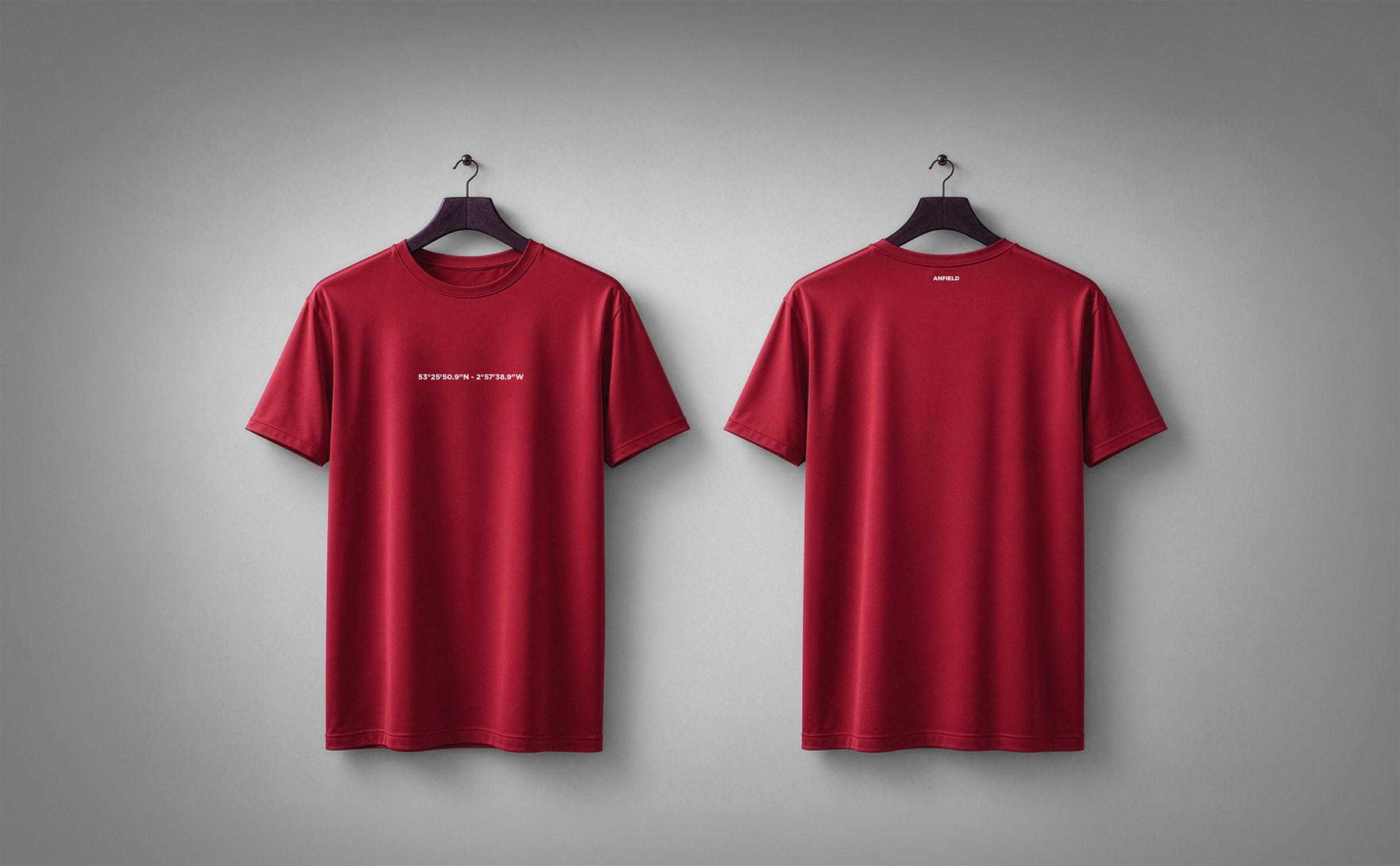 Red STADIA T-shirt shown from the front and back, carrying the coordinates and name of Anfield.