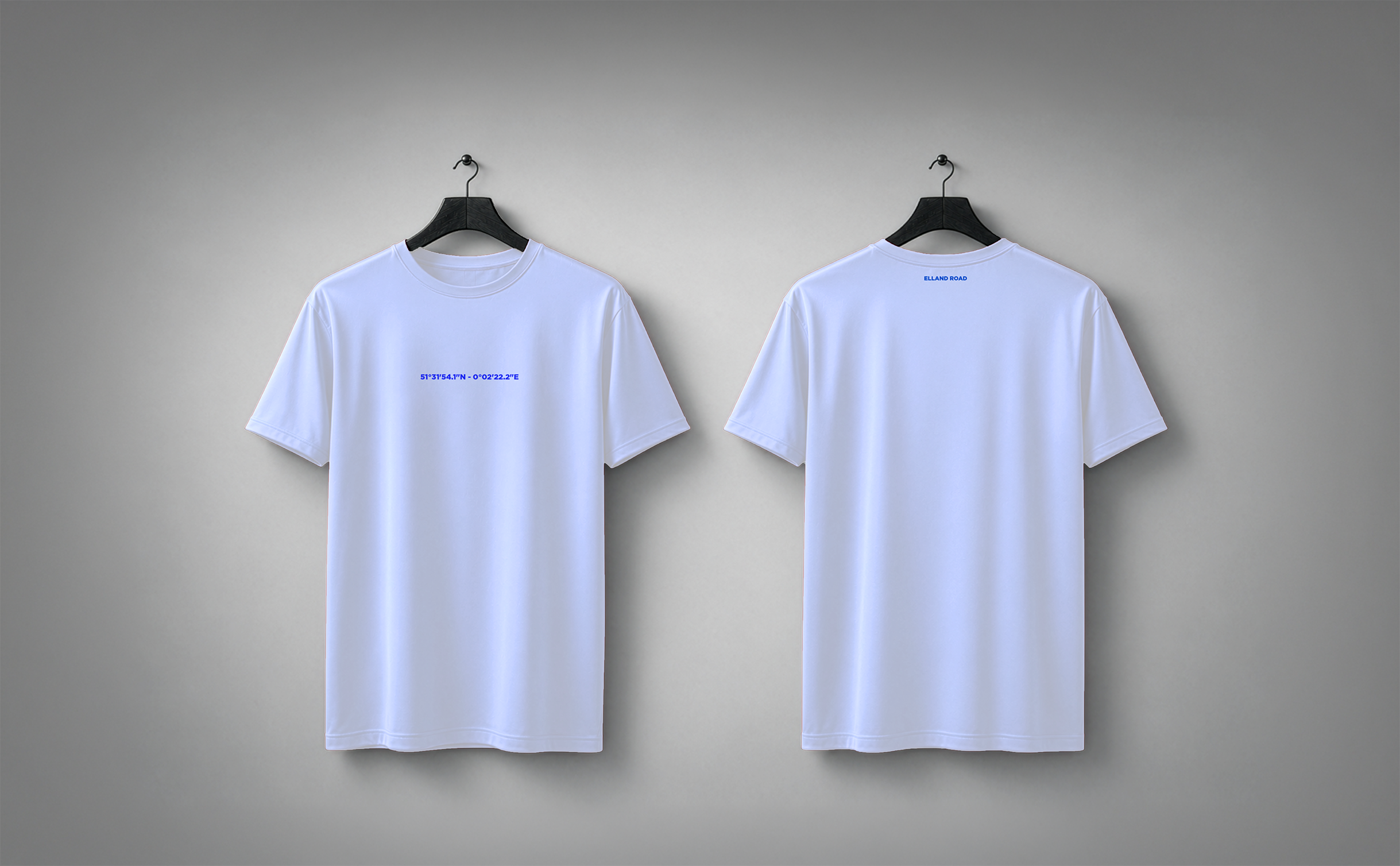 Blue STADIA T-shirt shown from the front and back, carrying the coordinates and name of Elland Road.