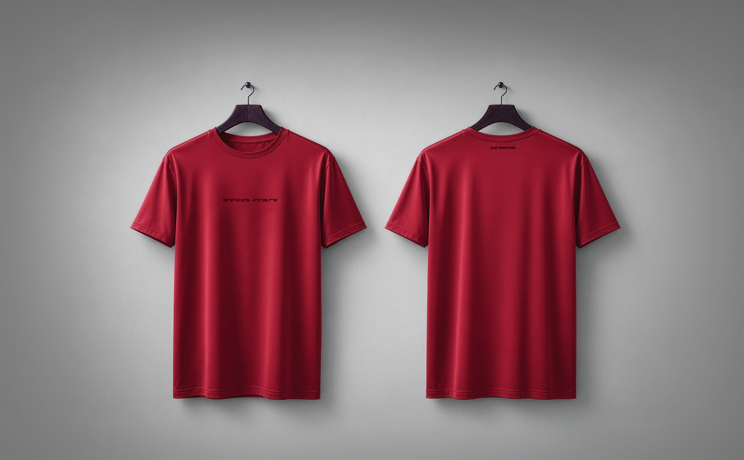 Red STADIA T-shirt shown from the front and back, carrying the coordinates and name of Old Trafford.
