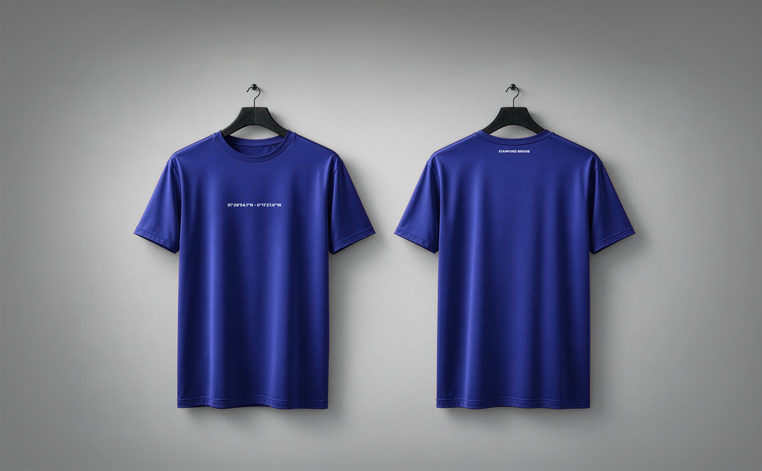 Royal blue STADIA T-shirt shown from the front and back, carrying the coordinates and name of Stamford Bridge.